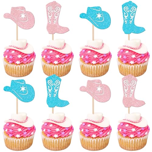 Xsstarmi Cupcake-Aufsätze mit Cowboy-Motiv, glitzernd, Blau oder Rosa, 24 Stück von Xsstarmi