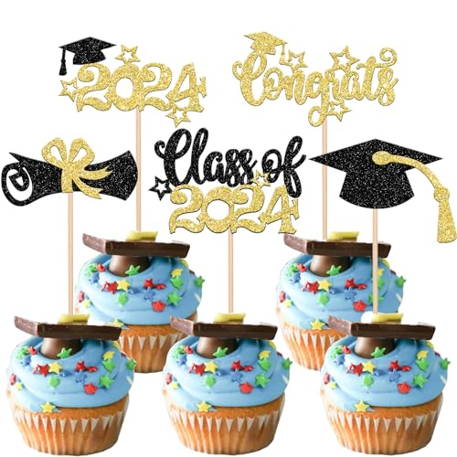 Xsstarmi Cupcake-Aufsätze mit Glitzerstern-Grade-Motiv "Congrats Grad 2024", für Diplom Done You Did it Class of 2024, Abschlussfeier, Party, Kuchendekorationen, Zubehör, Gold, 30 Stück von Xsstarmi