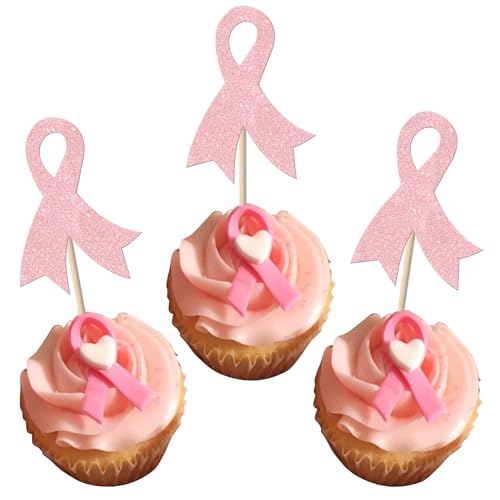 Xsstarmi Cupcake-Aufsätze mit rosa Schleife, glitzernd, Brustkrebs-Bewusstsein, Cupcake-Picks für Brustthema, Liebe, Frauen, Gesundheit, rosa Schleife, Party-Kuchendekorationen, Zubehör, 24 Stück von Xsstarmi