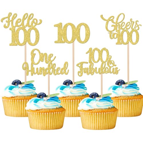 Xsstarmi Cupcake-Topper "Happy 100th Birthday", goldfarbener Glitzer, Hello 100 Fabulous One Hundred Cupcake-Picks, Cheers to 100 Years Kuchendekorationen für Happy 100th Birthday Partyzubehör, 30 von Xsstarmi