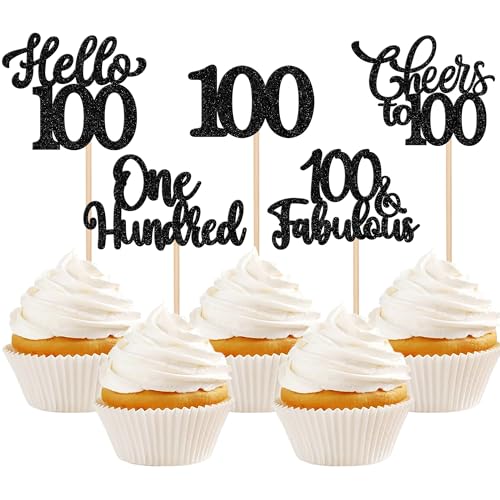 Xsstarmi Cupcake-Topper "Happy 100th Birthday", schwarzer Glitzer, Hello 100 Fabulous One Hundred Cupcake-Picks, Cheers to 100 Years Kuchendekorationen für Happy 100th Birthday Partyzubehör, 30 Stück von Xsstarmi