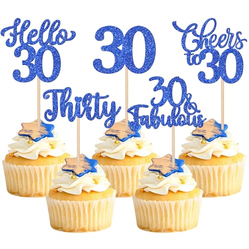 Xsstarmi Cupcake-Topper "Happy 30th Birthday", blauer Glitzer, Hello 30 Fabulous Thirty Birthday, Cupcake-Picks, Cheers to 30 Years Kuchendekorationen für Happy 30th Birthday, Partyzubehör, 30 Stück von Xsstarmi