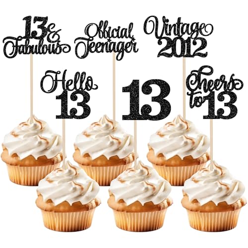 Xsstarmi Cupcake-Topper im Vintage-Stil 2012, Glitzer, schwarzer Stern, offizielle Teenager-Make-upcake-Picks, Hello 13 Cheers to 13 Years Kuchendekorationen für Happy 13th Birthday Anniversary von Xsstarmi