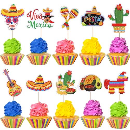 Xsstarmi Cupcake-Topper mit Gitarre, Kaktus, Esel, Cupcake-Picks, Maraca, Sombrero, Pfeffer, Kuchendekorationen für mexikanische Fiesta, Babyparty, Geburtstagsparty, 40 Stück von Xsstarmi