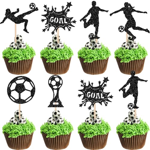 Xsstarmi Cupcake-Topper mit Glitzersteinen, Fußball-Torspiel, Cupcake-Picks für Fußball, Sport, Babyparty, Mädchen, Geburtstag, Party, Kuchendekorationen, Zubehör, Schwarz, 24 Stück von Xsstarmi