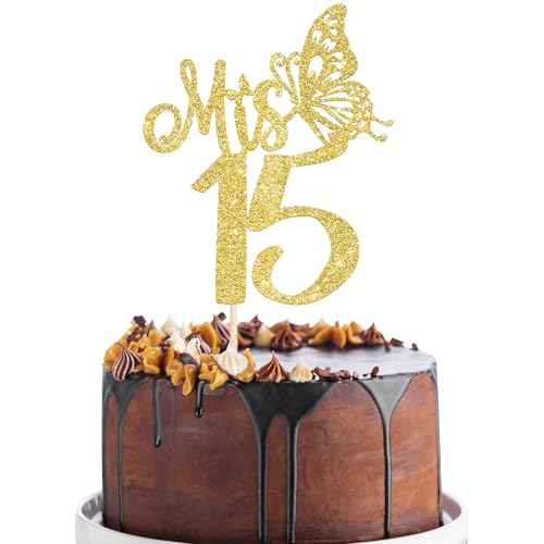 Xsstarmi Tortenaufsatz, Motiv: Mis 15, goldfarbener Glitzer, Hello 15 Fabulous Fifteen Cake Pick Cheers to 15 Mis Quitte Kuchendekorationen für Happy 15th Birthday Partyzubehör von Xsstarmi