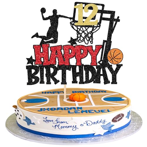 Xsstarmi Tortenaufsatz "Happy 12th Birthday" mit Basketball-Motiv, Glitzer, Basketball, Sport-Kuchenspieß, Cheers to 12 Jahre, Kuchendekorationen für Kinder, Teenager, Happy 12th Birthday, von Xsstarmi