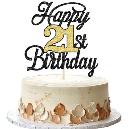 Xsstarmi Tortenaufsatz "Happy 21st Birthday", glitzernd, Aufschrift "Hello 21 Cheers to 21 Years", Kuchendekorationen für Happy 21st Birthday Anniversary Partyzubehör, Schwarz / Gold, 1 Packung von Xsstarmi