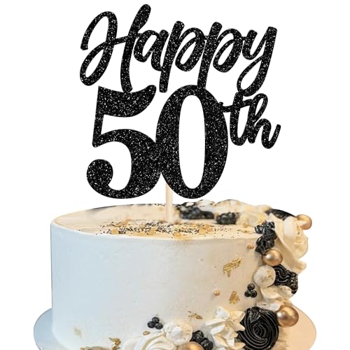 Xsstarmi Tortenaufsatz "Happy 50th Birthday", glitzernd, Aufschrift "Cheers to 50 Years Hello 50 Fabulous Cake Pick for Men Women Happy 50th Birthday Anniversary", 1 Stück, Schwarz von Xsstarmi