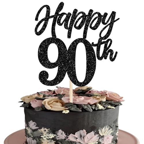 Xsstarmi Tortenaufsatz "Happy 90th Birthday", glitzernd, Aufschrift "Cheers to 90 Years Hello 90 Fabulous Cake Pick for Men Women Happy 90th Birthday Anniversary", 1 Stück, Schwarz von Xsstarmi