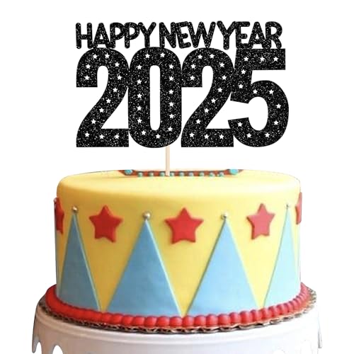 Xsstarmi Tortenaufsatz "Happy New Year" 2025, Glitzer, Cheers to 2025, Cake Pick Welcome to 2025, Kuchendekorationen für Happy New Year 2025, Partyzubehör, Schwarz, 1 Packung von Xsstarmi