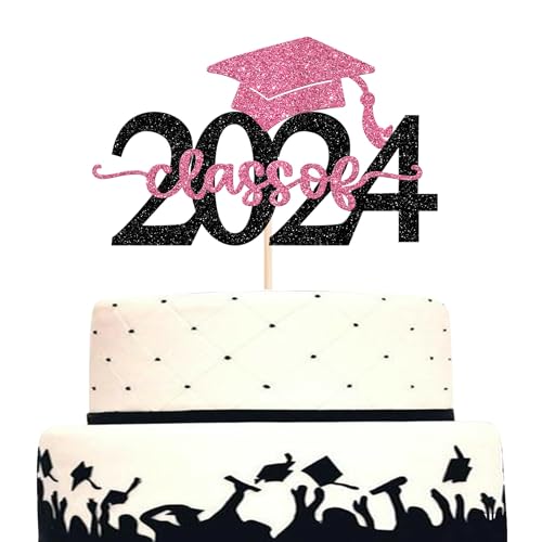 Xsstarmi Tortenaufsatz mit Aufschrift "Congrats Grad", glitzernd, Abschluss-Kappe, Kuchenpick-Klasse, 2024, Kuchendekorationen für Abschlussfeier 2024, Rosa, Schwarz, 1 Packung von Xsstarmi