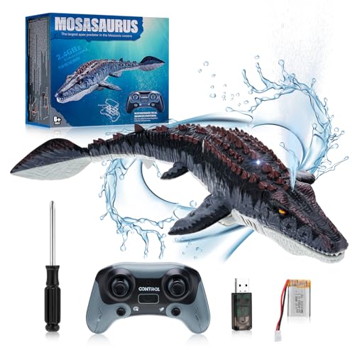 RC Boot Ferngesteuertes Dinosaurierboot Wasserdicht Ferngesteuerte Boote mit mit LED-Licht & Sprühnebel für Pools und Seen, Dual Propeller Ferngesteuerte Mosasaurus Poolspielzeug für Kinder Erwachsene von XstarG