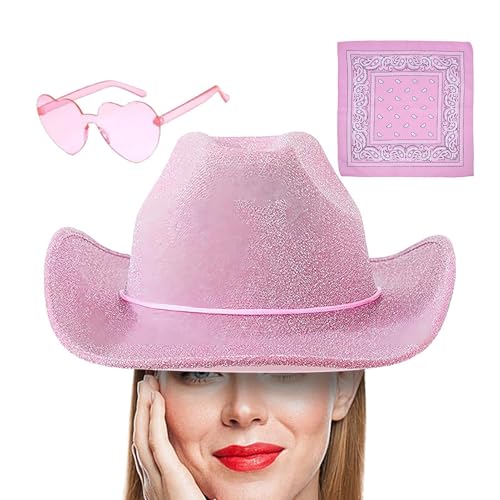 Xtauaguh Cowgirl-Hüte für Damen, Cowboy-Hut für Damen | Glitzerhüte Cowboyhut - 3X Westernhut, verstellbarer Kordelzug mit breiter Krempe, Partyhüte mit Bandana und Brille von Xtauaguh