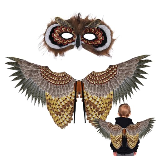 Xtauaguh Eulenflügel-Kostümset,Eulenkostümset - Halloween-Tierkostüm-Set mit Eulenflügeln,Eulenkostüm mit simulierten Flügeln, Vogelflügel-Spielzeugzubehör für Kinder von Xtauaguh