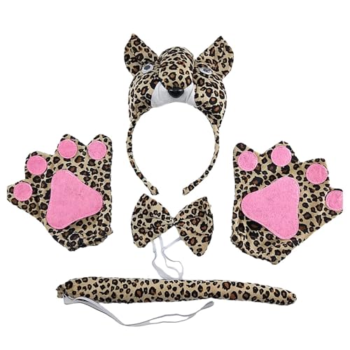 Xtauaguh Leoparden-Stirnband und Schwanz, Leoparden-Kostüm-Set - 5-teiliges Ankleideset | Inklusive Leopardenohren-Stirnband, Schwanz, Handschuhen und Fliege, Cosplay-Anziehparty für Weihnachten, von Xtauaguh