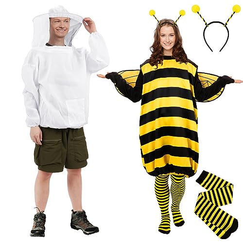 2 Sets Bienen-Imker-Kostüm für Erwachsene, Halloween, Bienenkleid, Cosplay-Anzug, Bienenkleid mit Flügel-Stirnband, Socke, Imkerjacke mit schützendem Schleier, Kittel, Kapuze, Mann für Halloween, von Xtinmee