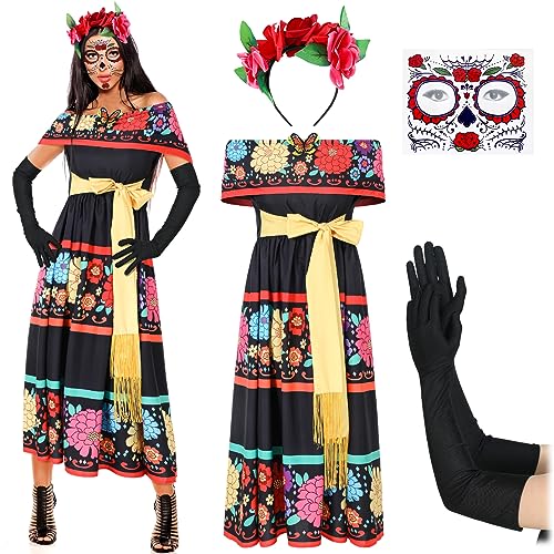 Xtinmee 4 Stück Tag der Toten Kostüme für Frauen enthalten Kleid, Stirnband, Handschuhe und Gesichtstattoo für Cosplay, Halloween, Größe L von Xtinmee