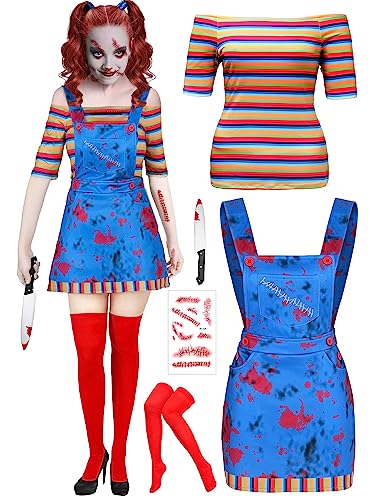 Xtinmee 5 Stück Halloween-Kostüm für Damen, gruseliges Kostüm, Killer-Puppenkleid, Regenbogen-gestreift, T-Shirt, blutige Requisiten, Socken für Rollenspiele (Medium) von Xtinmee