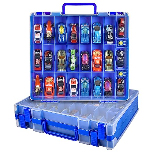 Xuerdon Spielzeugauto Aufbewahrungskoffer für Matchbox Cars. Holder Behälter Tasche für LOL Überraschungspuppen/für Shopkins mit 48 Fächern Doppelseitig-Blau (nur Box) von Xuerdon