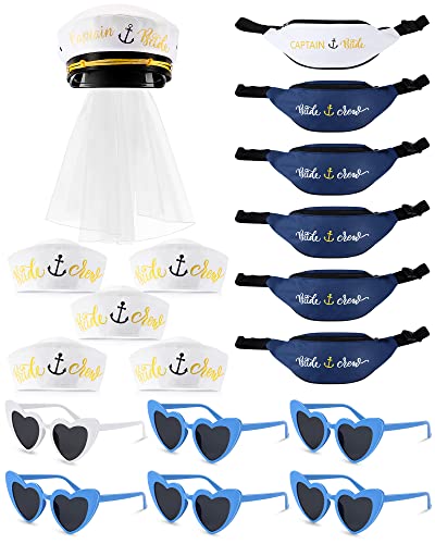 6 Sets Nautische Brautdusche Hut Set Damen Braut Kapitän Hut mit Schleier Braut Crew Sailor Hut Junggesellinnenabschied Bauchtasche Herz Sonnenbrille Nautische Party Hüte für Boot Junggesellinnenabschied Supplies von Xuhal