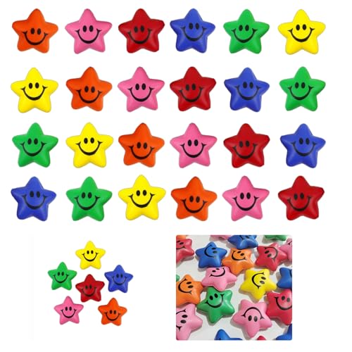 24 Stück Stern Stressball Kinder, Stern Lächeln Gesicht Stressbälle, 5.2 cm Stern Schaum Smile Ball Sternform Stressball, Stressball Quetschball Stressabbau Spielzeug für Kinder Erwachsene Autismus von Xuigort