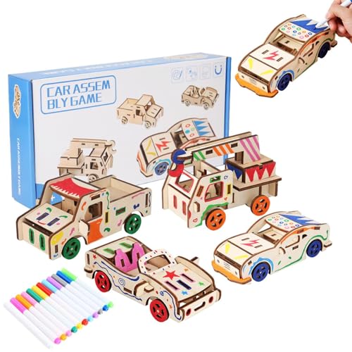 Xujuika Auto-Montageset, Auto-Lackierset aus Holz - 3D-Holzpuzzle-Auto | Auto-Malerei-Puzzle aus Holz, Rennwagen zum Zusammenbauen, Basteln, Basteln für Kinder, Spielzeug von Xujuika