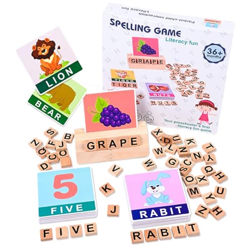 Xujuika Rechtschreibkartenspiel, Zauberlernspielzeug - Alphabet-Rätsel für Kinder,Wortlernen für Kleinkinder, Buchstabenpuzzle aus Holz, Alphabet-Lernspielzeug, Alphabetpuzzle mit passenden Karten für von Xujuika