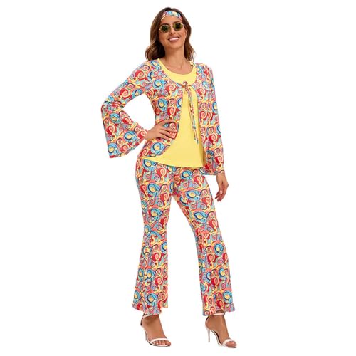 Xumilala 70er Jahre Outfit Damen 2025 Hippie Kostüm Set Mottoparty Discokugel Karneval Cosplay Kleidung 60s 70s 80s Faschingskostüme mit Oberteile Schlaghose und Stirnband von Xumilala