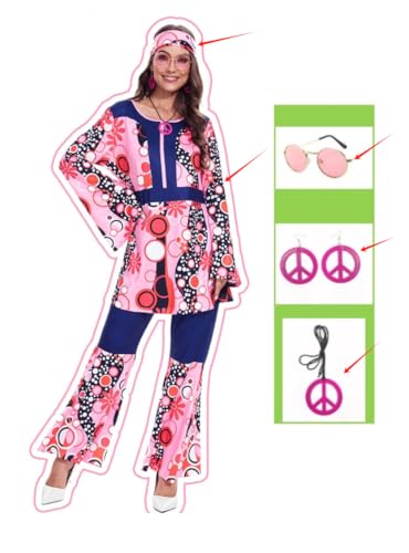 Xumplo Faschingskostüm Damen Hippie Flower Power Karneval Kostüm 70er Jahre Mottoparty Disco Outfit Frauen Hippie Kleidung Schlaghose mit Zubehör-L von Xumplo