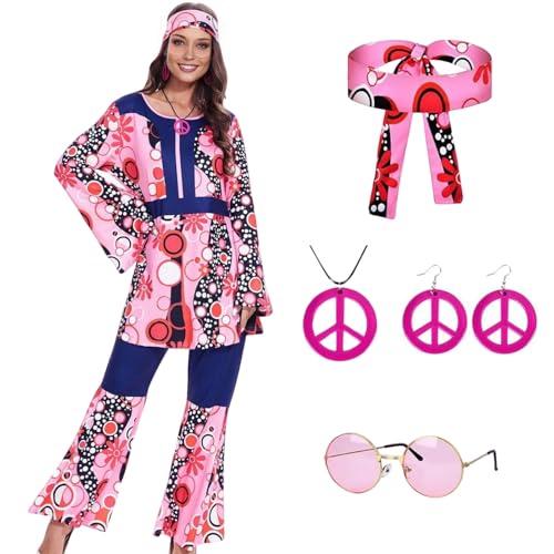 Xumplo Faschingskostüm Damen Hippie Flower Power Karneval Kostüm 70er Jahre Mottoparty Disco Outfit Frauen Hippie Kleidung Schlaghose mit Zubehör-XXL von Xumplo