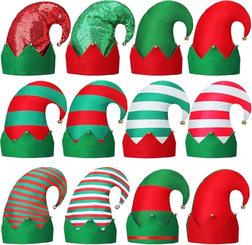 Xuzhengyang 12 Stücke Weihnachtsmütze Weihnachtselfenmütze mit Glocken Bunte Spaß Hut Erwachsene Weihnachten Festlich Party Hut Unisex Weihnachten Nikolausmütze von Xuzhengyang