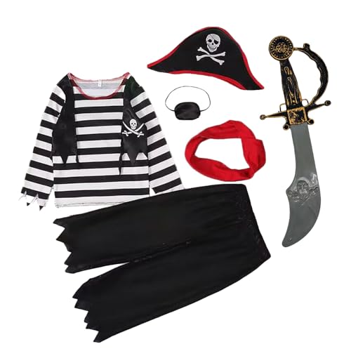 Xvbhaq 1 Stück Kinder Unisex Piratenkostüm Kinder Karnevalskostüm Karnevals Rollenspiel Set (Piratenkostüm Größe M Piratenhut Piraten Augenklappe Plastik Spielzeug Piratenschwert) von Xvbhaq