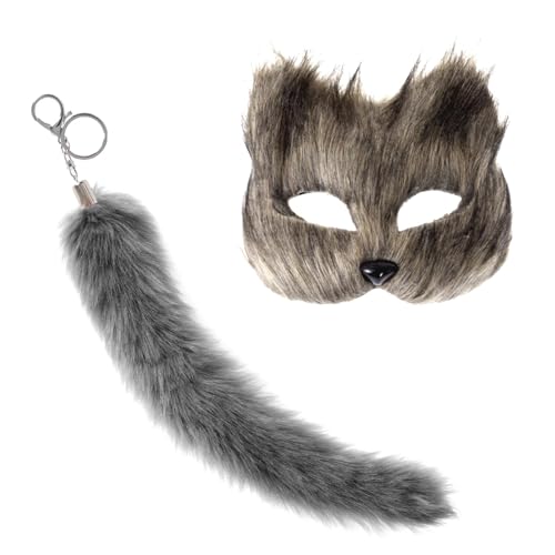 Xvbhaq 2er Set Fuchsmasken Zotteliger Fuchs (Grau), 40cm Künstlicher Fuchsschwanz Anhänger Schlüsselanhänger (Dunkelgrau) Geeignet für Karneval, Cosplay, Party, Maskerade, Dekoration von Xvbhaq