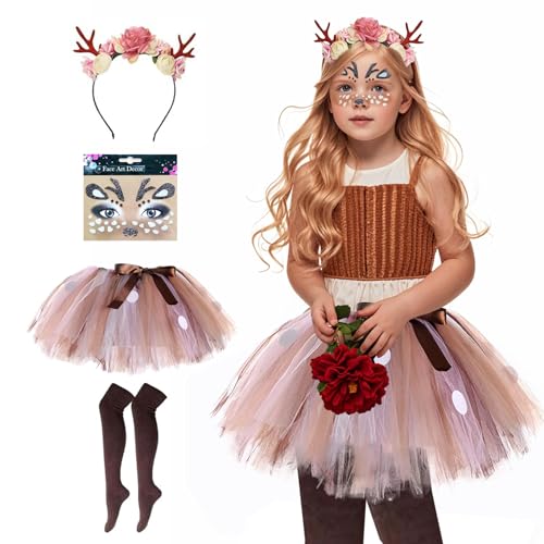 Xvbhaq Rentier Kostüme für Mädchen, Rentier Cosplay Kostüme für Kinder, Tier Cosplay Kostüme für Kinder, Rentier Stirnbänder, kurze Röcke, Rentier Gesicht Kunst Aufkleber, Karneval Sets （L. von Xvbhaq