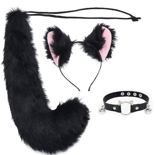 Xvbhaq Katzensamt Kostüme, Fuchs Kostüme Dreiteiliges Set, Fuchs Kostüm Damen，Katzenglockenhalsbänder, Plüschkatze Fuchsschwänze, Karneval Cosplay, Bühnenauftritte, Karneval Straßenkostüme von Xvbhaq