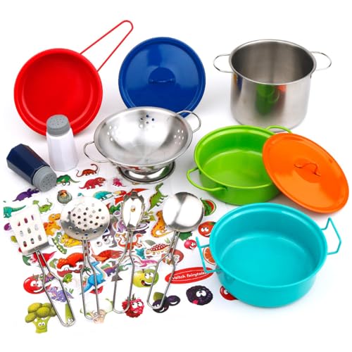 Xweptuy Kids Kitchen Play Set, farbenfrohe Edelstahltöpfe und Pfannen Spielzeugküche mit Dinosaurier- und Lebensmittelaufklebern, Mini -Spiel -Küchenzubehör für Jungen Mädchen Kleinkinder von Xweptuy