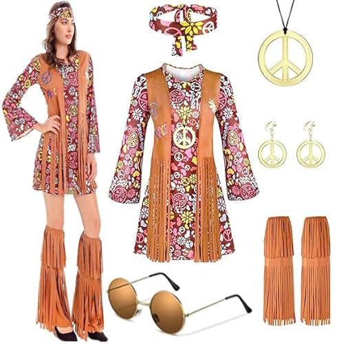 A.Y.LOTUS Hippie Kostüm Damen Faschingskostüme 60 70er Jahre Hippie Kleid Bekleidung Frau Karneval Kostüme 9 Stück - M von Y.A. LOTUS