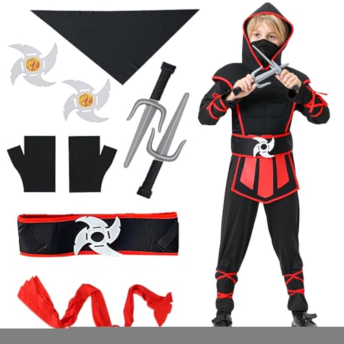 Y.A. LOTUS Karneval Ninja Kostüm Kinder, Halloween Ninja Kostüm Jungen & Mädchen, Weihnachten Ninja Rollenspiel Faschingskostüme (Schwarz Rot, L) von Y.A. LOTUS