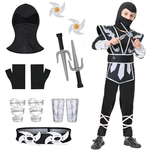 Y.A. LOTUS Karneval Ninja Kostüm Kinder, Halloween Ninja Kostüm Jungen & Mädchen, Weihnachten Ninja Rollenspiel Faschingskostüme (Schwarz Silber, M) von Y.A. LOTUS