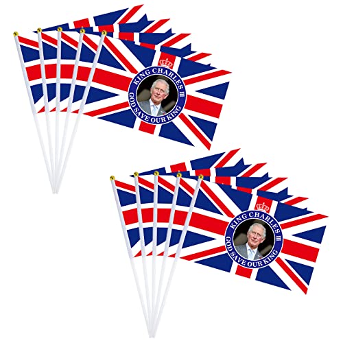 10 Stück kleine Krönungsflagge König Charles III Union Jack Flagge auf Stäben King Charles Krönung Dekorationen 2023 Hand winken Flaggen Mini-Flaggen, UK King Stick Flagge für Krönung Straße Party von YAAVAAW