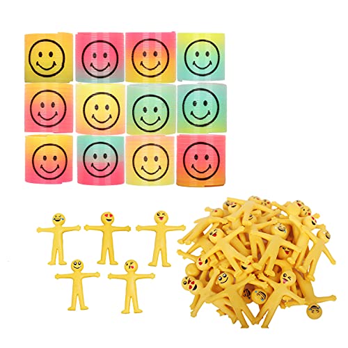 30 x gelbe dehnbare Smiley-Spielzeuge und 12 x Mini-Regenbogen-Smiley-Gesichter, Feder-Spielzeug, Klassenzimmer-Preise und Belohnungen, Spielzeug, Strumpffüller, Partytütenfedern für Kinder. von YAAVAAW