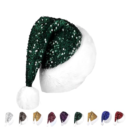 Dunkelgrüne Pailletten-Weihnachtsmütze für Kinder, Erwachsene, 30 x 45 cm, luxuriöse Weihnachtsmütze, Plüsch-Weihnachtsmannmütze, Unisex, Weihnachtsmannmütze, Weihnachtsmannmütze, Kostüm, Geschenke von YAAVAAW