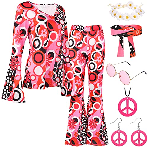 60er 70er Jahre Fasching Damen Hippie Kostüm Kleidung & 70er Jahre Verkleidung Frauen Disco Schlaghose mit Hippie Zubehör 1970er 1960er Hippie Verkleidung für Frauen 70 Stil Damen Fasching Outfit (S) von YADODO