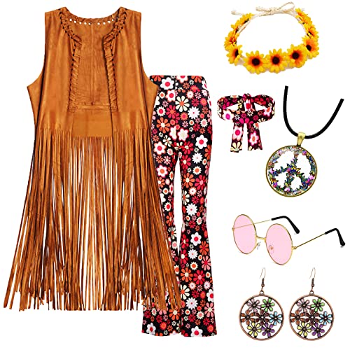 60er 70er Jahre Hippie Kostüm Damen Set mit Fransenweste Schlaghose Damen 70er Hippie Accessoires Hippie Kleidung Damen Kostüm 70er Jahre Bekleidung Damen Disco Outfit Faschingskostüm Mädchen (XXL) von YADODO