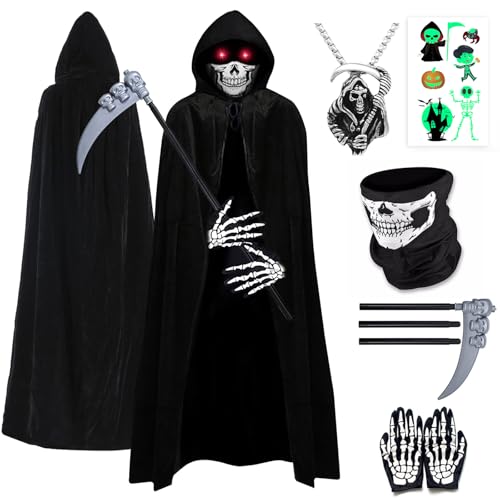 YADODO Sensenmann Kostüm Kinder Junge Mädchen mit Sense Mask 110-134 Gruselig Halloween Kostüm Kinder Sensenmann Umhang mit Kapuze Schwarzer Scream Reaper Tod Kostüm Sensenmann Kinder für Halloween von YADODO