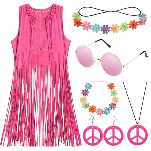 Hippie Kostüm Damen Weste Set Hippie Kleidung Damen zubehör Bolero Vintage Rosa 60er 70er Bekleidung Damen 70er Outfit Damen Disco Braun Fransenweste Damen Hippie Faschingskostüme Karneval (XXL) von YADODO