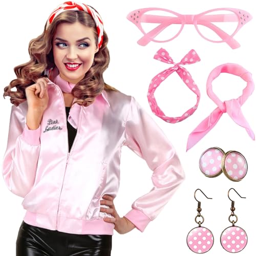 Pinke Jacke für Damen, Kostüm, rosa Jacken für Damen, Erwachsene, Kostüm-Kostüme für Damen, rosa Outfit & 1950er-Jahre Zubehör, rosa Brille, rosa Ohrringe für Teenager-Mädchen, rosa Jacke, Top-Set von YADODO