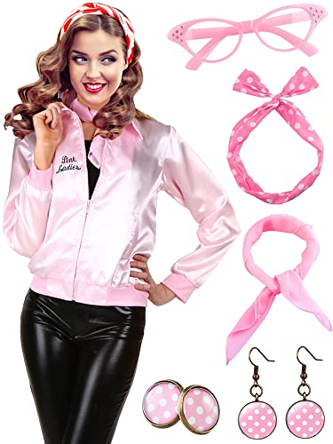 Pinke Jacke für Damen, Kostüm, rosa Jacken für Damen, Erwachsene, Kostüm-Kostüme für Damen, rosa Outfit & 1950er-Jahre Zubehör, rosa Brille, rosa Ohrringe für Teenager-Mädchen, rosa Jacke, Top-Set (L) von YADODO