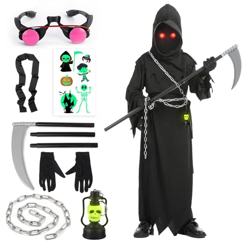 Sensenmann Kostüm Kinder Jungen 110 116 122 128 mit Sense Brille ketten Handschuhen Gruselig Halloween Kostüm Sensenmann Kinder Grim Reaper Scream Kostüm Kinder Schwarzer Sensenmann Umhang mit Kapuze von YADODO